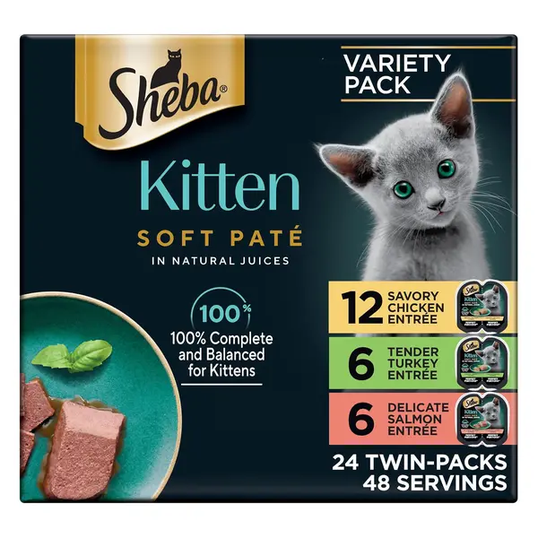 Sheba Perfect Portions Kitten Wet Cat Food Pate Chicken Entree, Salmon Entree, and Turkey Entree, 2.6 oz