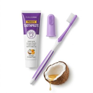 Purelycosme Cat Toothbrush & Toothpaste Kit, Soft & Finger Brushes, Coconut Chicken Flavor, 2.5 oz