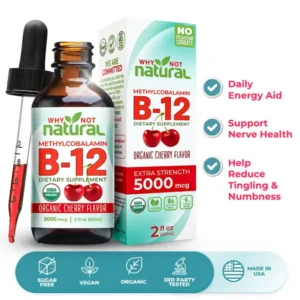 Organic Vitamin B12 Liquid Drops, Extra Strength 5000 mcg Natural Booster Dietary Supplement Edible Fitness