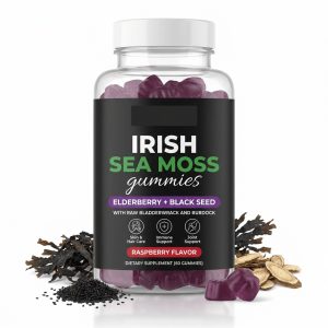 Purelycosme Irish Sea Moss Gummies with Bladderwrack, Burdock Root & Elderberry, Raspberry Flavor, 60 Gummies
