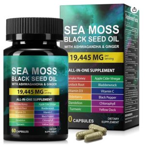 Purelycosme Sea Moss Black Seed Oil with Ashwagandha & Ginger, All-in-One Supplement, 60 Capsules